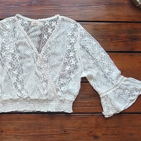 Hollister Lace & Crochet Boho Crop Top Bell Sleeves Festival Fairy Coquette Sz L - Picture 8 of 15